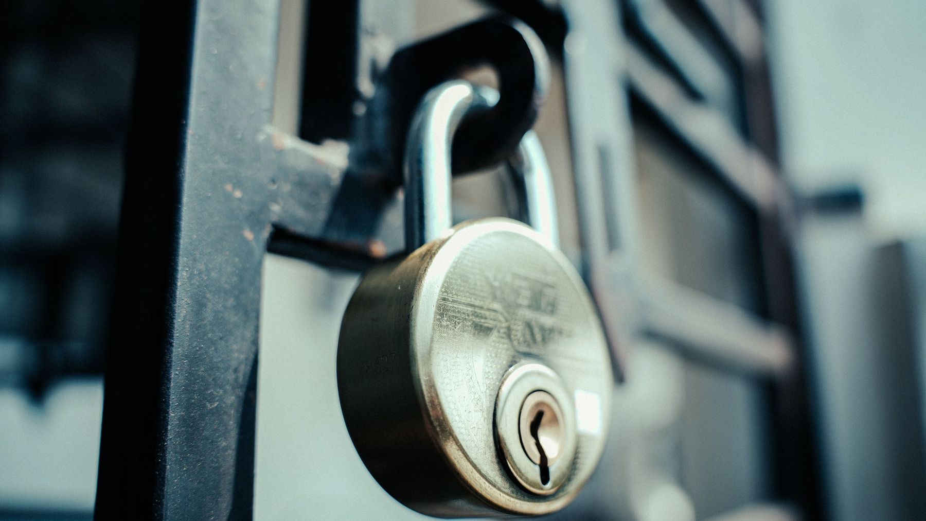 Brass padlock secured on an iron security gate